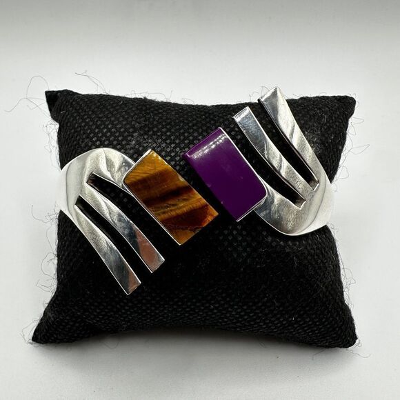 Vintage Sugilite and Tiger's Eye TAXCO sterling silver clamp bracelet!